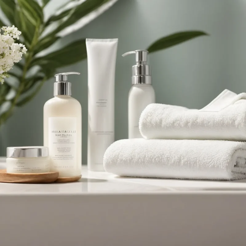 a serene bathroom setting with moisturizers, gentle cleansers, and a soft towel, reflecting a calming skincare routine for soothing psoriasis symptoms.