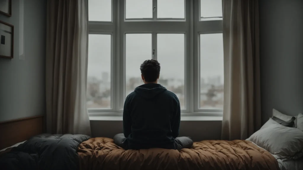 a person sits contemplatively at the edge of their bed, staring out the window on a gloomy day, isolated from the outside world.