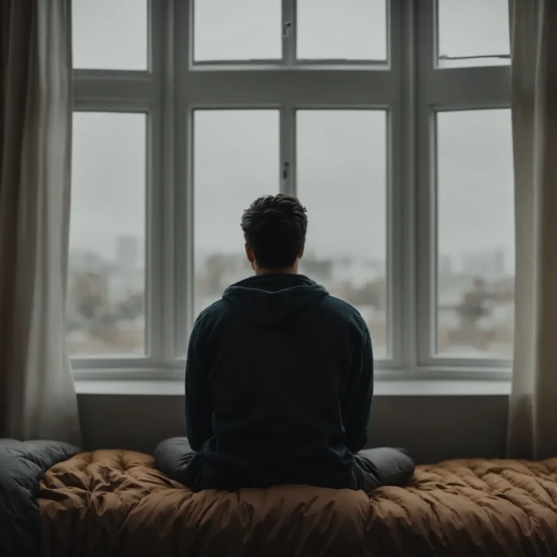 a person sits contemplatively at the edge of their bed, staring out the window on a gloomy day, isolated from the outside world.