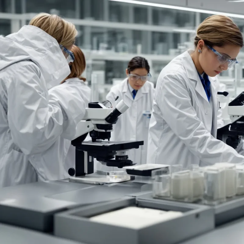 researchers in lab coats, examining skin samples under microscopes in a modern laboratory setting.