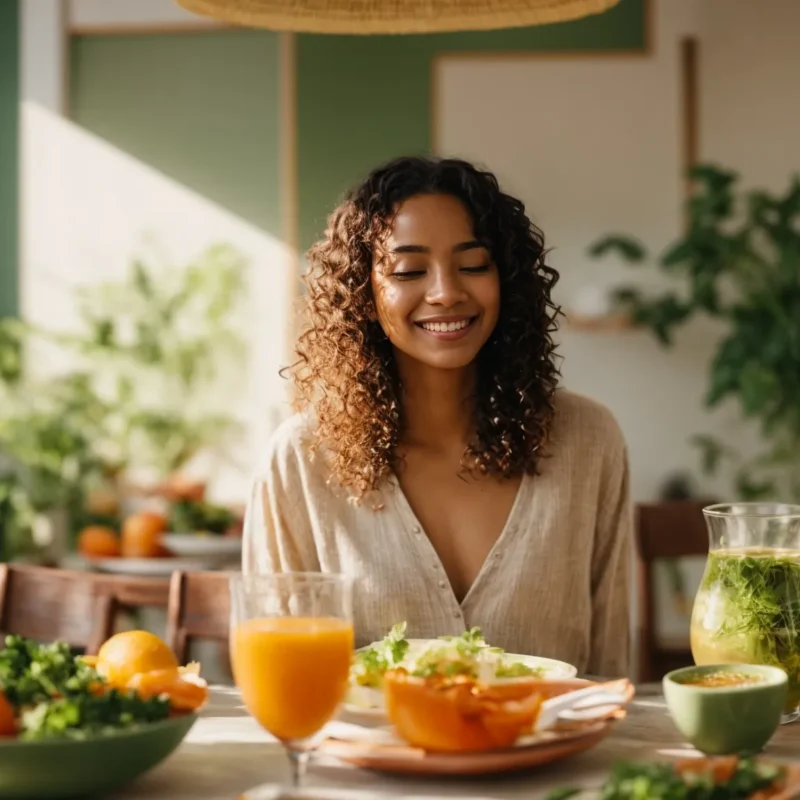 a person with clear skin enjoys a colorful plate of plant-based foods in a sunlit dining room.